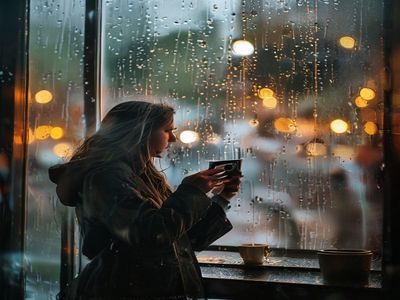 女性摄影师在雨天咖啡馆窗边拍摄自拍，窗玻璃上的雨滴作为前景，漫射光均匀柔和，色调冷静文艺