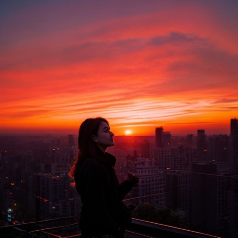 女性摄影爱好者在城市天台拍摄黄昏自拍，背景是橙红色渐变天空与城市轮廓，构图采用三分法，眼神直视镜头充满自信