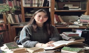 91自拍论坛首席内容官李思琪的工作照，正在认真审阅摄影作品，桌面上摆放着相机和专业摄影书籍